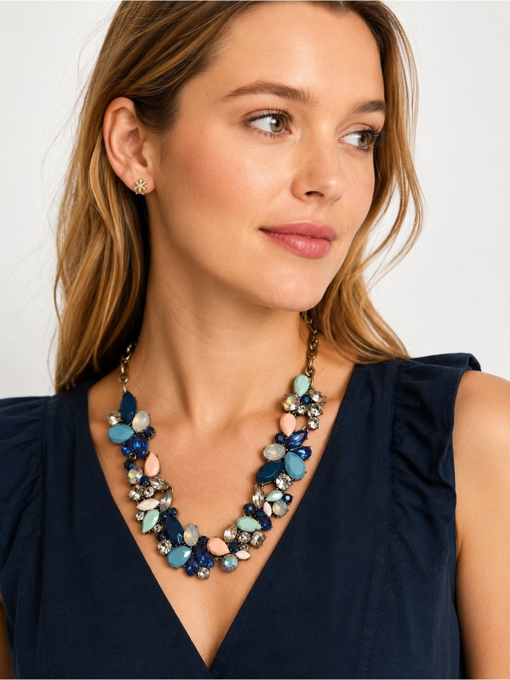 NWT J. CREW Mixed Shades of Blue Stones Crystal Statement Necklace